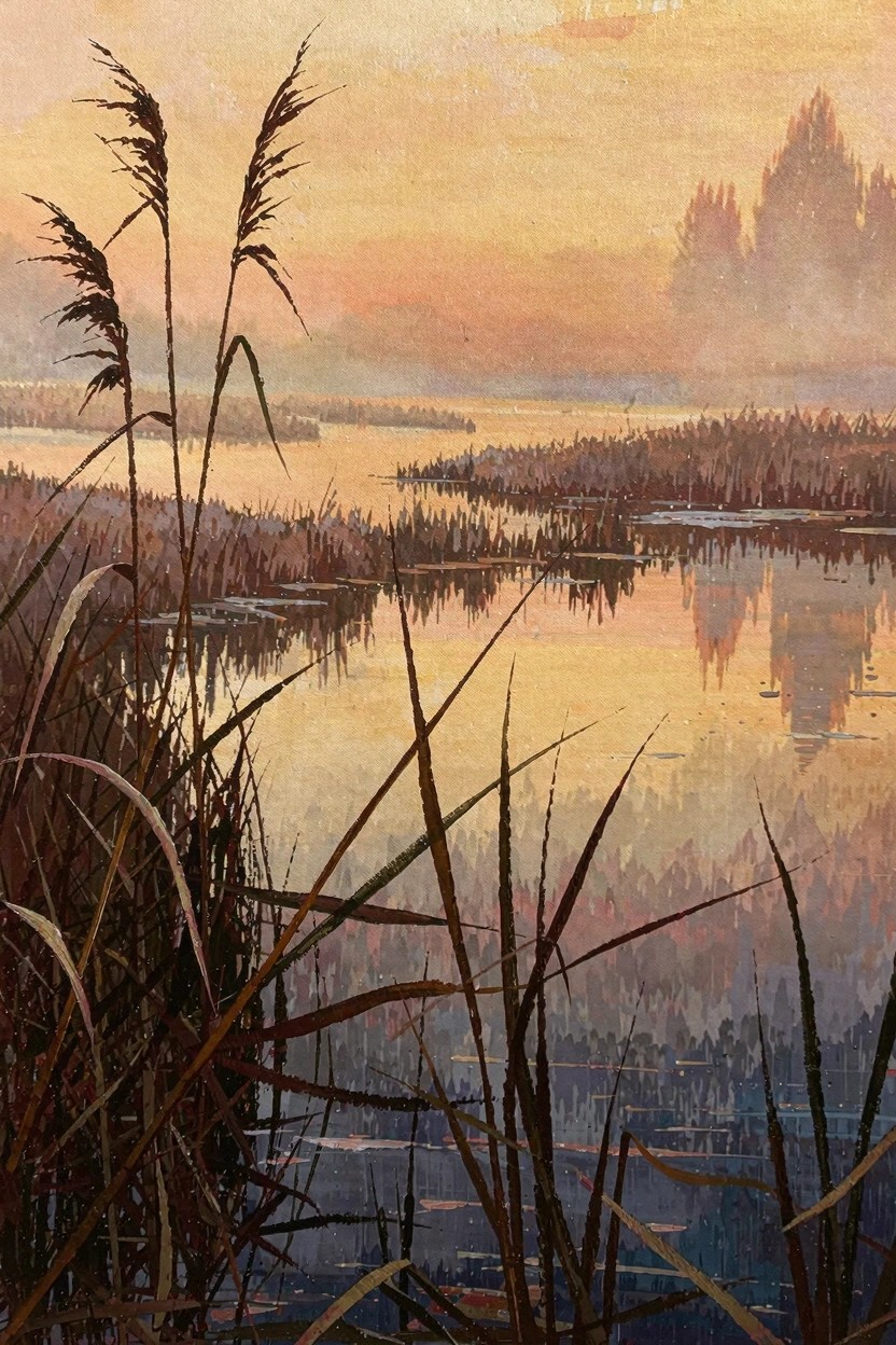 Oil painting of tall reeds in foreground over reflective marsh water at sunset with distant trees and warm misty sky.