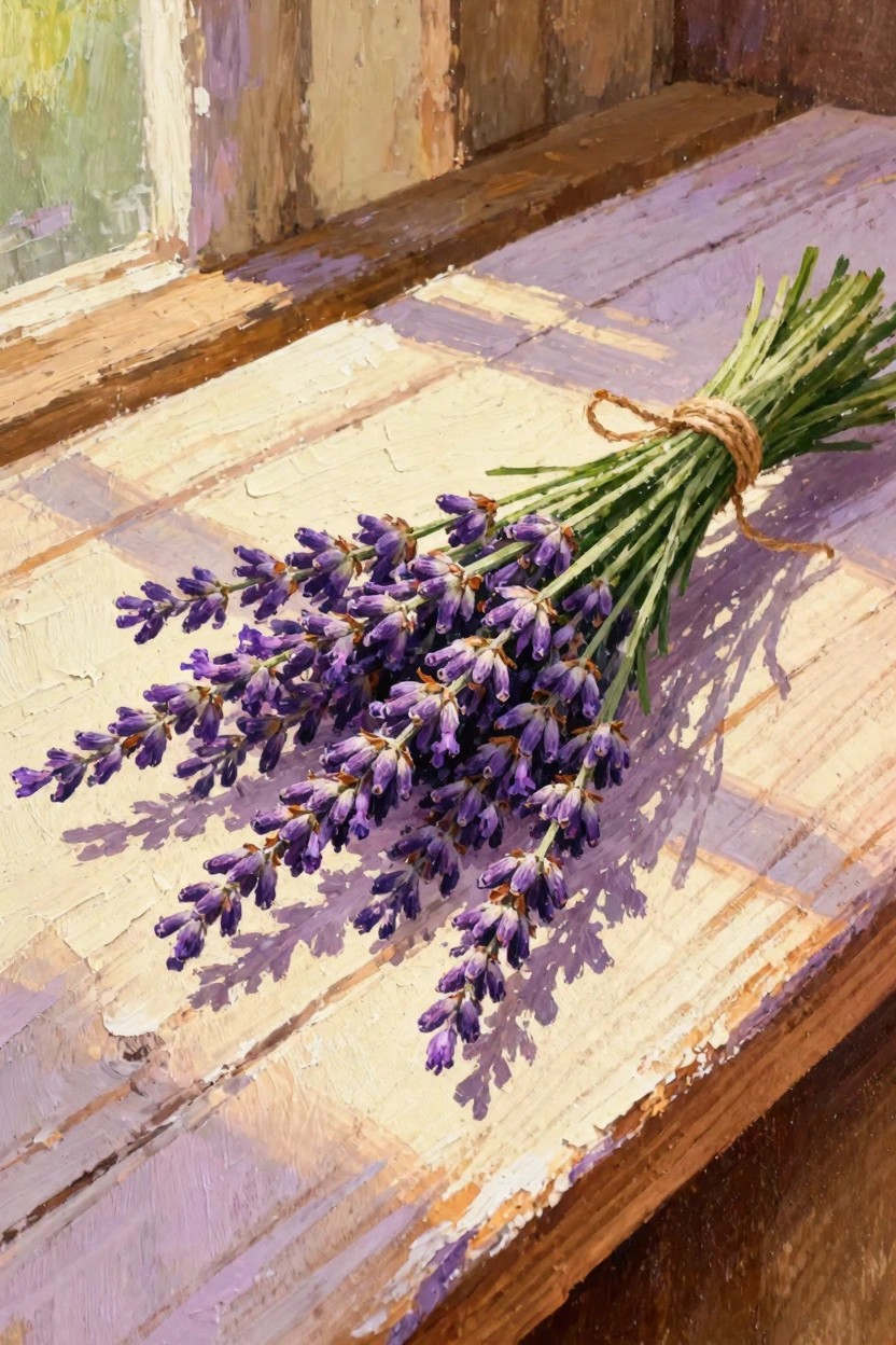Oil painting of a bundle of purple lavender tied with string on a sunlit wooden windowsill.