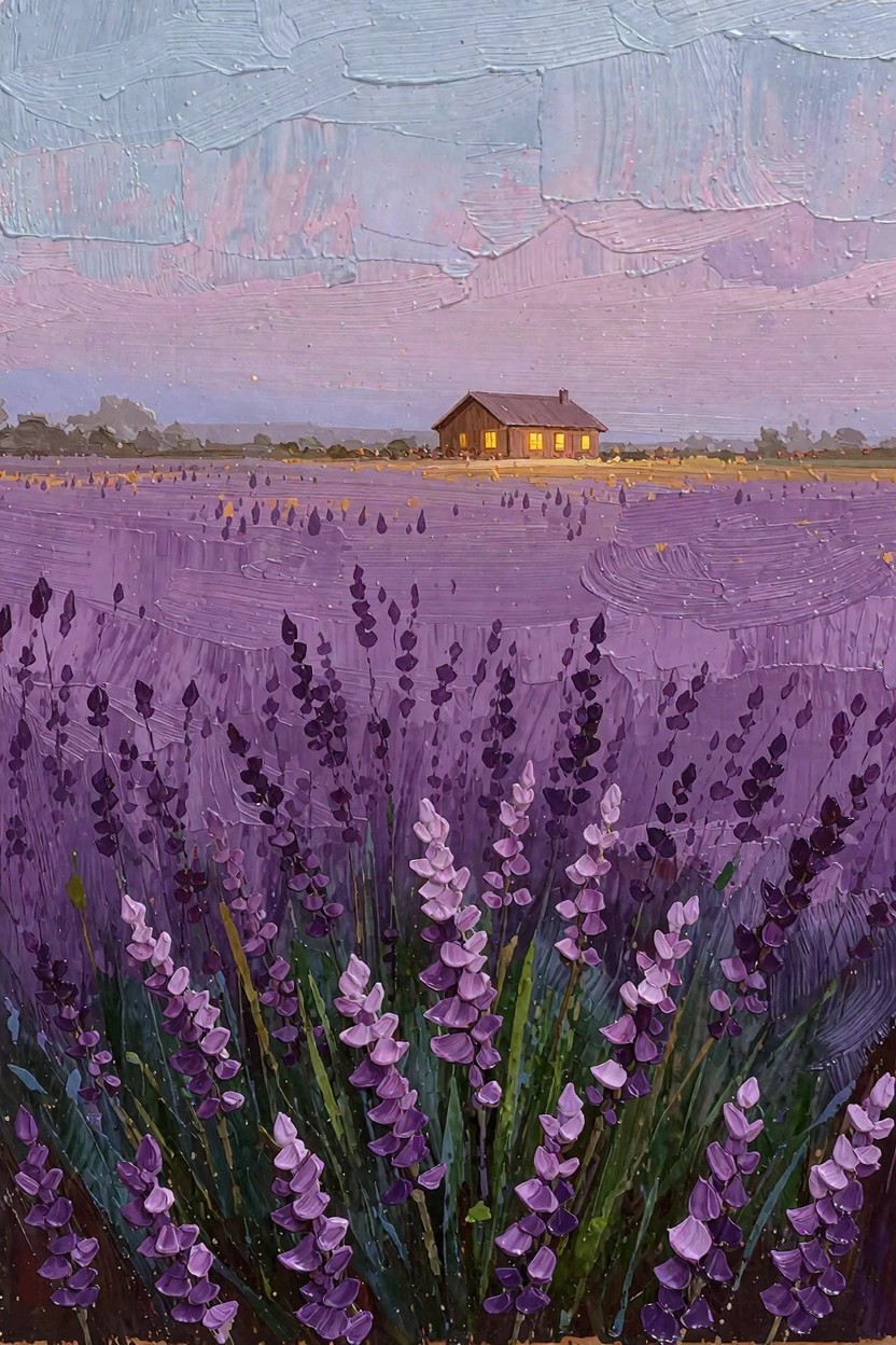 Oil painting of purple lavender stalks in the foreground, extensive lavender field, distant cabin with lit windows, and gradient sunset sky.