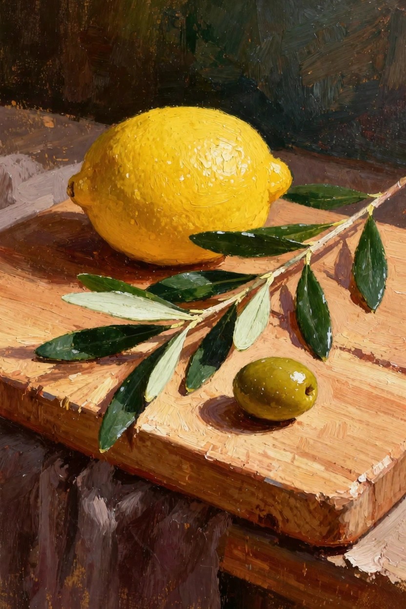 Oil painting of a yellow lemon with attached stem, green olive leaves and branch, and one green olive on a wooden cutting board against a dark background.