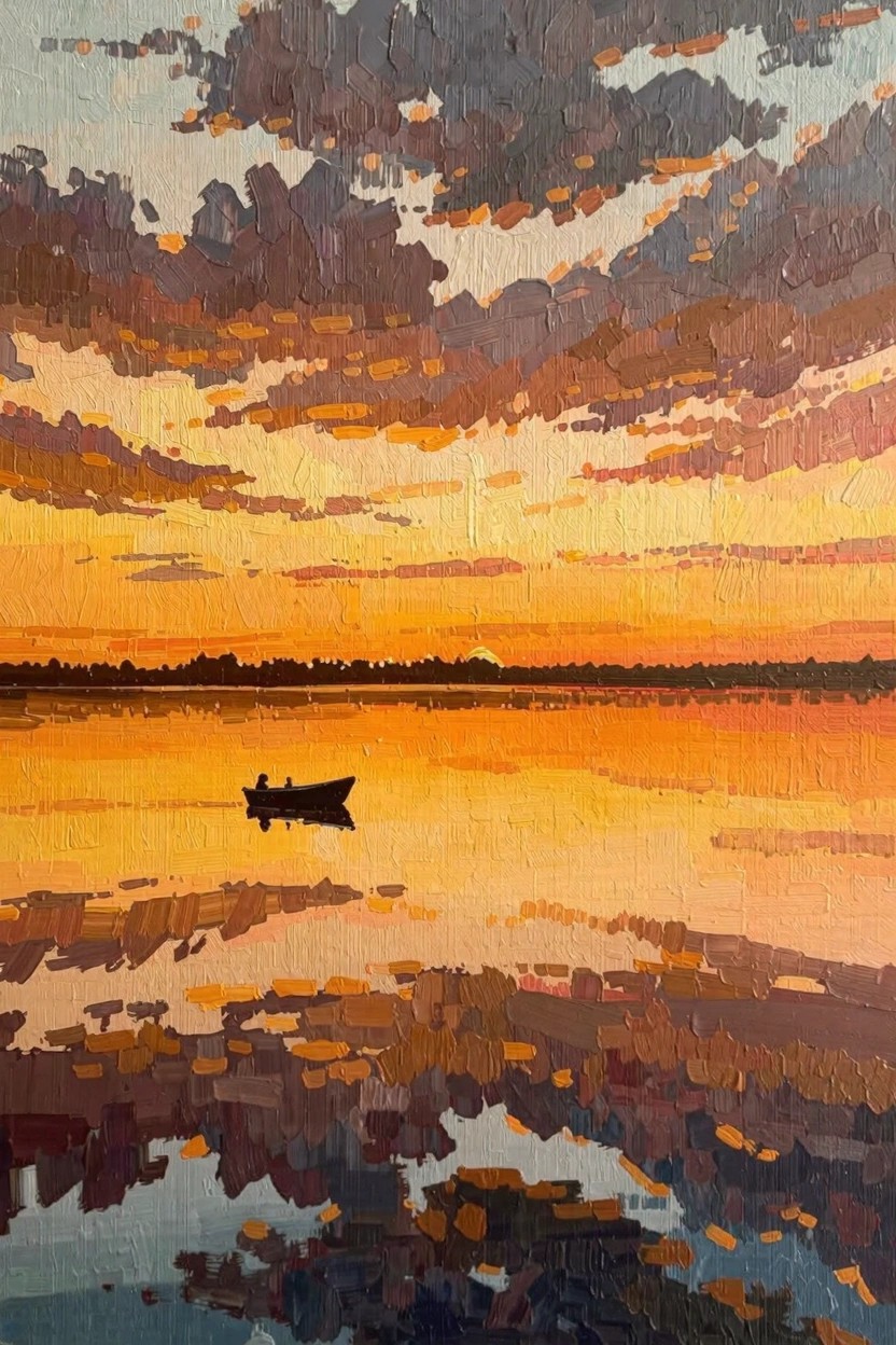 Oil painting depicts a vibrant orange sunset over a lake with a small dark rowboat centered and reflected in the golden water under textured clouds.