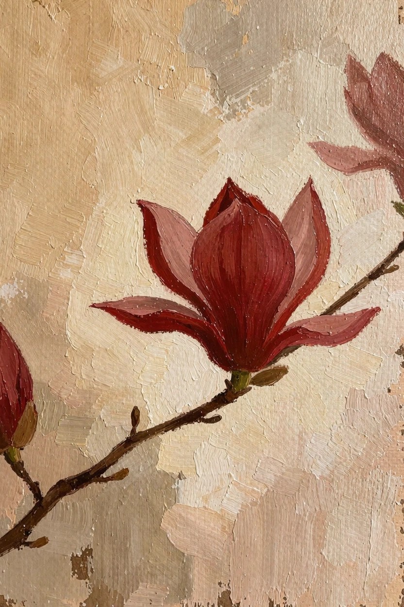 Oil painting of red-pink magnolia flowers, buds, and thin branches on a textured beige background.