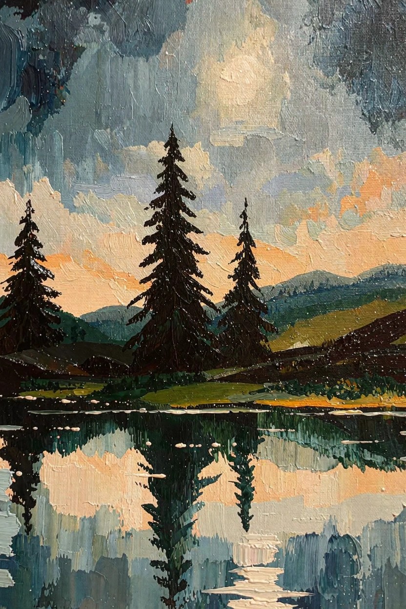 Oil painting of dark pine trees silhouetted against a cloudy sky with moonlight, reflected in a calm lake with distant green hills.