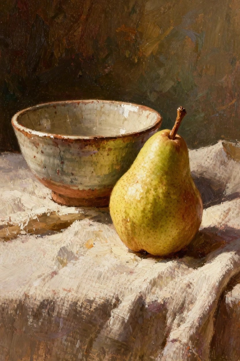 Oil painting of a green pear beside a textured terracotta bowl on white draped cloth against a dark background.