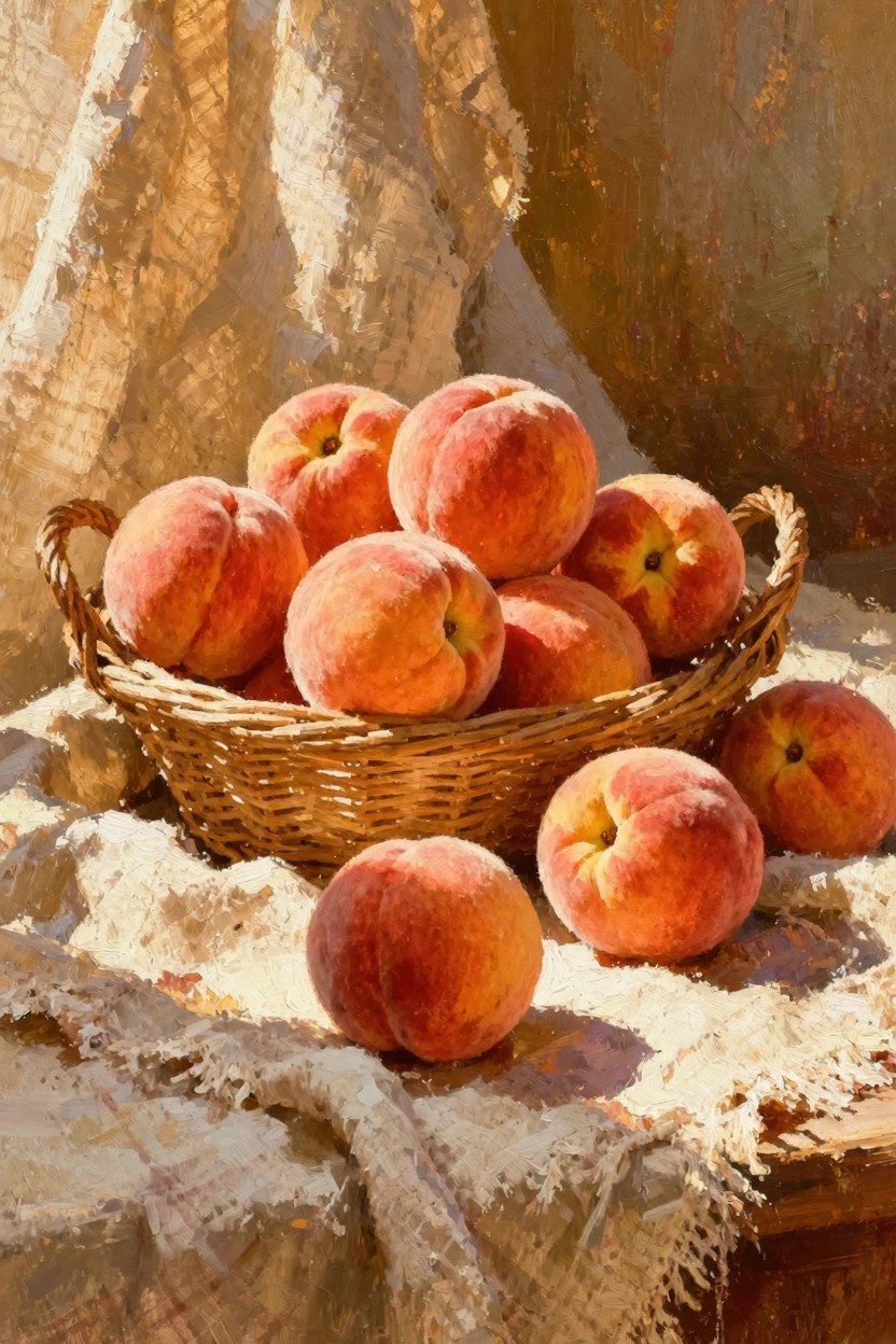 Oil painting of ripe fuzzy peaches overflowing from a wicker basket onto a draped cloth in warm light.