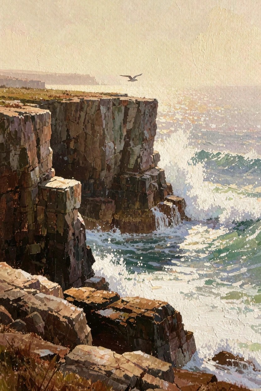 Oil painting of tall rugged cliffs beside crashing ocean waves under golden light with a flying seagull.