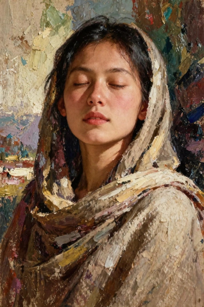 Oil painting portrait of a young woman with eyes closed, face framed by a textured draped scarf, set against an impressionistic colorful background.
