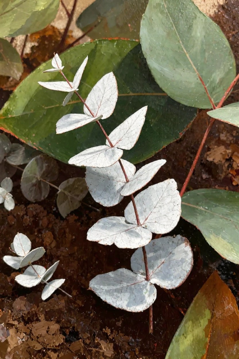 Close-up oil painting of silvery round eucalyptus leaves on red stems surrounded by larger green leaves and brown earthy ground.