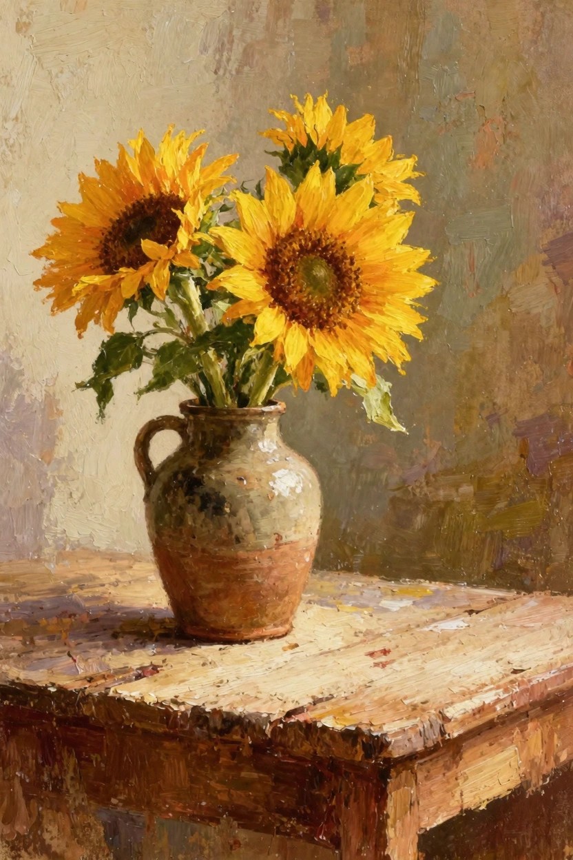 Oil painting of three sunflowers in a terracotta vase on a wooden table against a textured warm background.