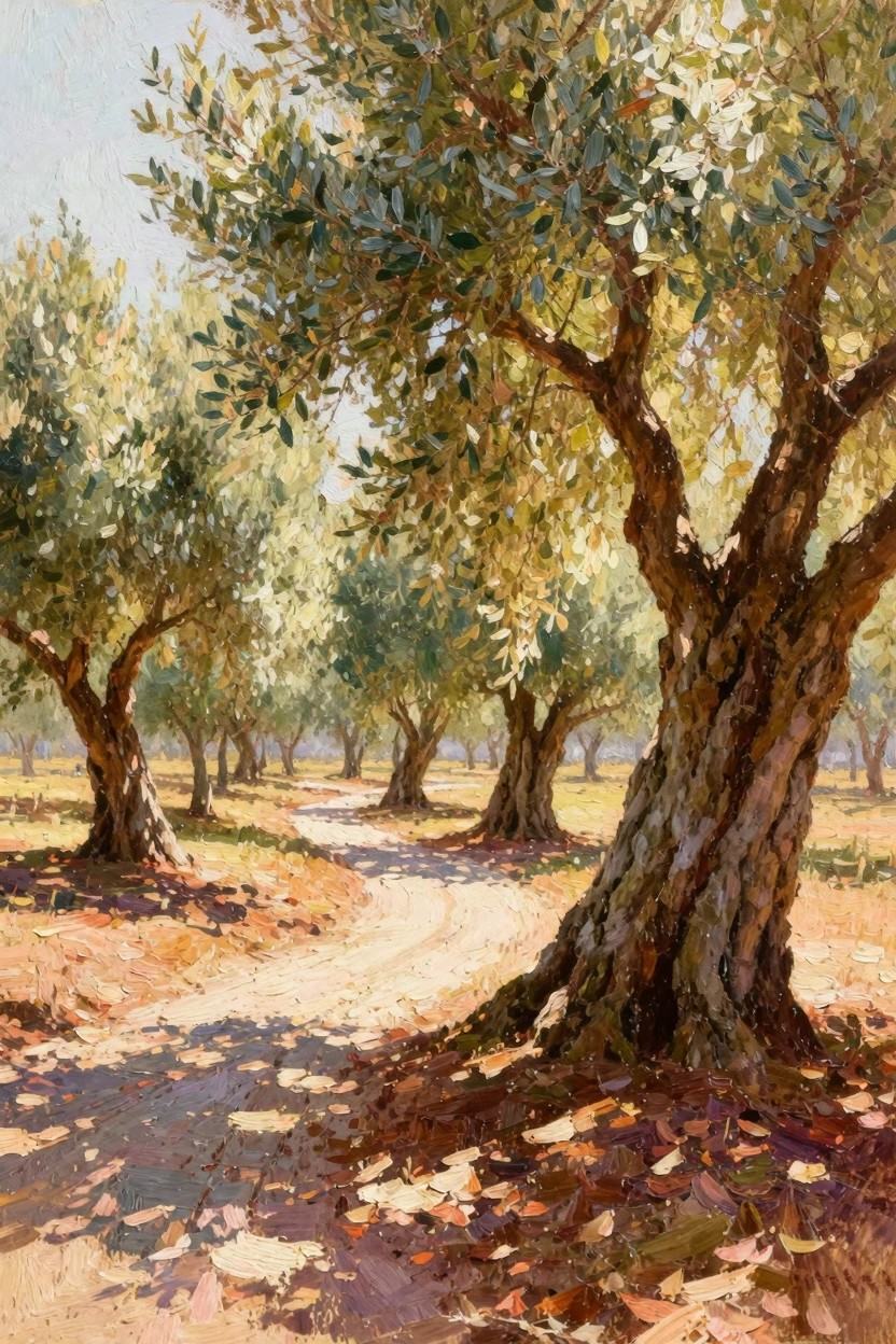 Oil painting of a dirt path winding through gnarled olive trees under warm sunlight with textured trunks and green foliage.