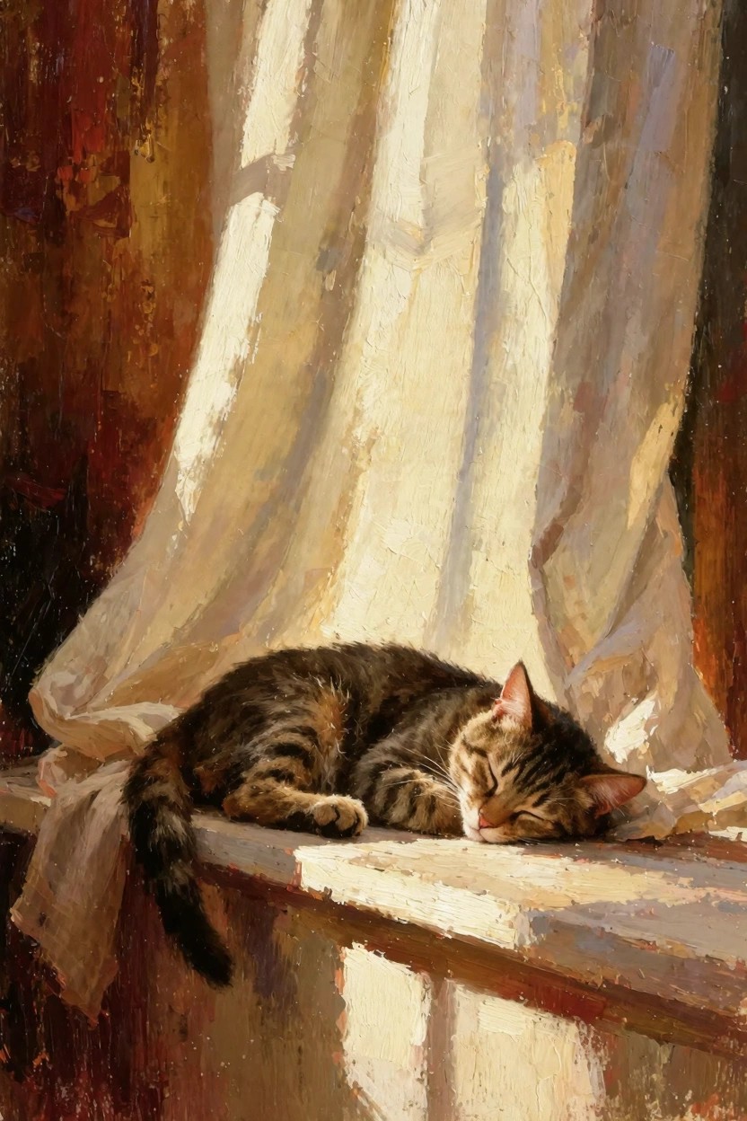 Oil painting of a tabby cat sleeping stretched out on a sunlit windowsill with white curtains draped nearby.