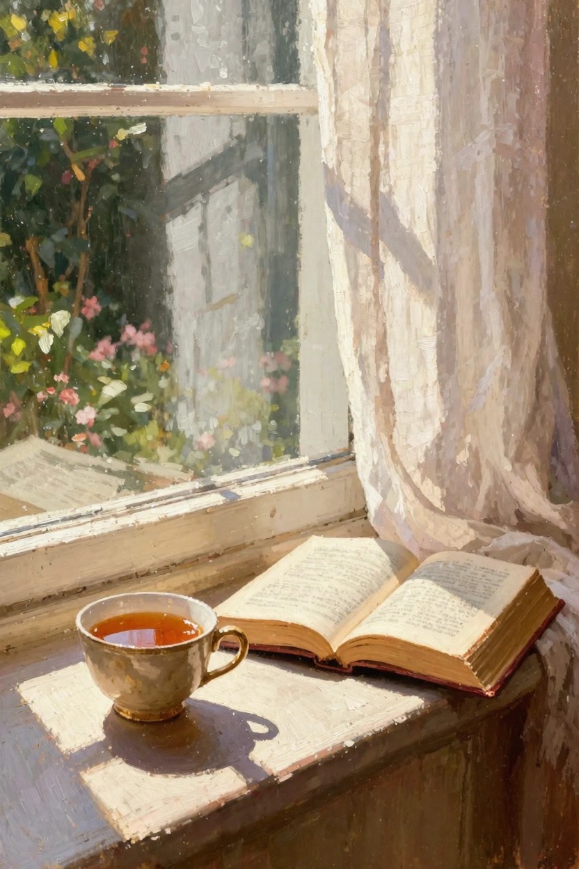 Painterly oil painting of a silver teacup with amber tea and an open book on a sunlit wooden windowsill, with sheer curtains and a garden visible through the window.