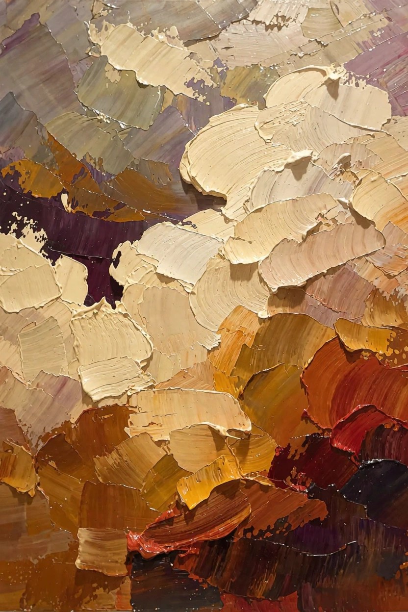Abstract oil painting featuring thick impasto brushstrokes in cream, beige, yellow, orange, red, purple, and brown tones with layered texture.