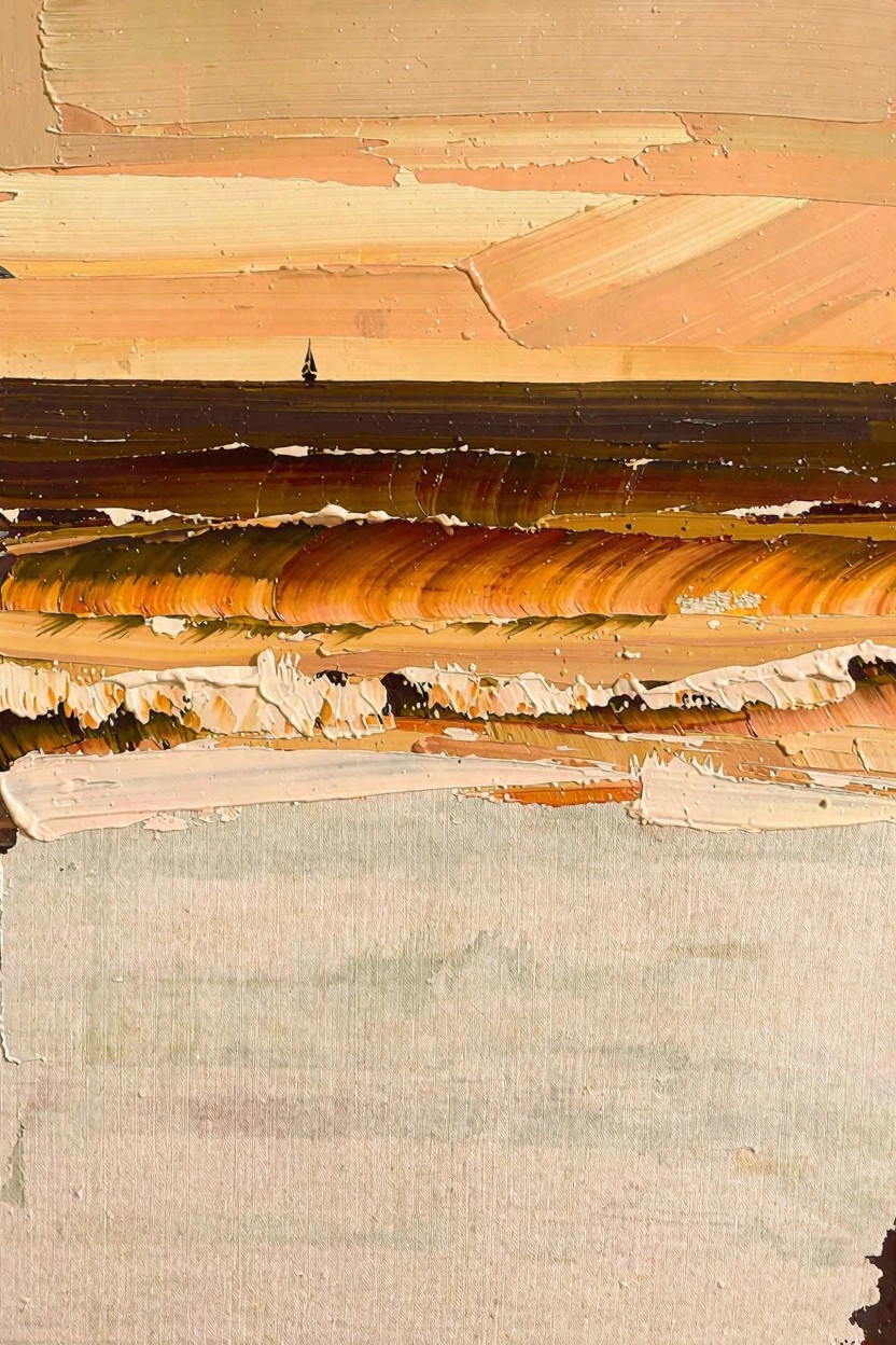 Oil painting depicting a sunset seascape with impasto orange waves, distant black sailboat on dark horizon, warm sky layers, and textured light foreground.