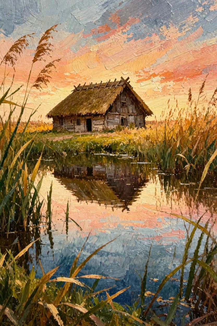 Oil painting of a small thatched wooden hut beside a pond overgrown with reeds, reflected in the water under an orange-pink sunset sky.