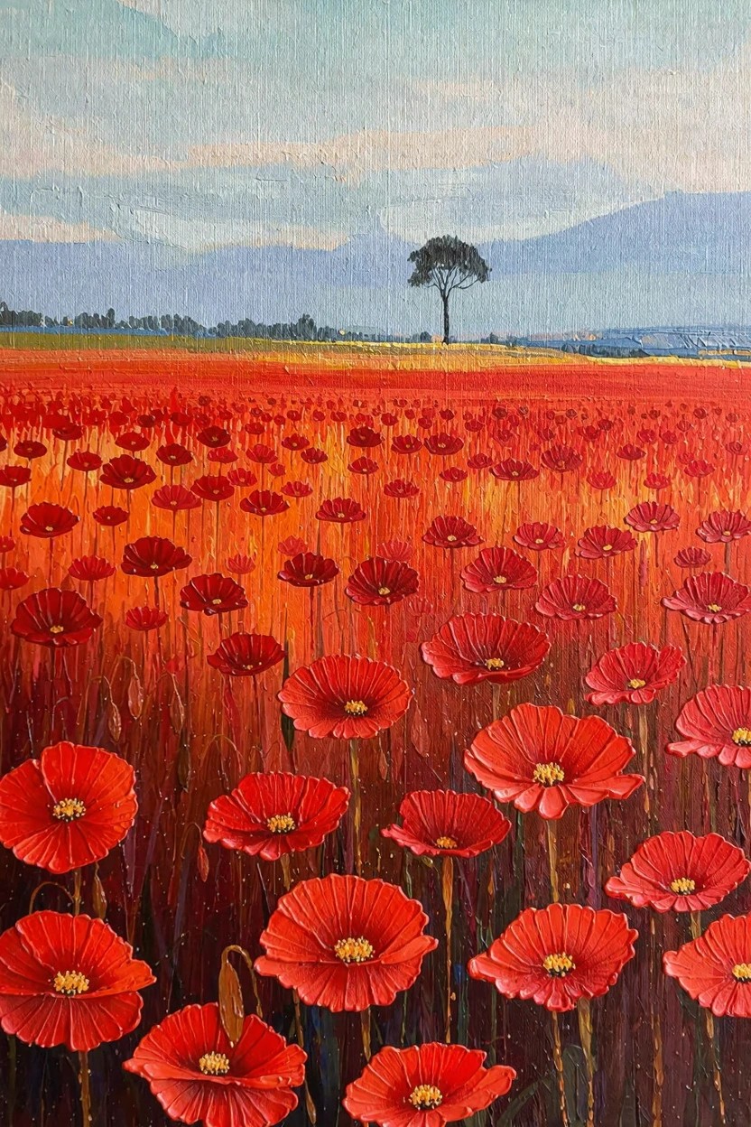 Oil painting of a vast red poppy field with golden grasses, a single dark tree, distant blue mountains, and pale cloudy sky.