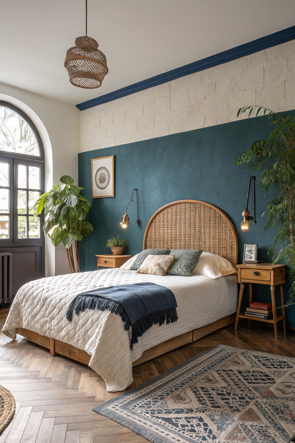 Bedroom with deep navy accent wall behind rattan headboard, wood furniture, plants, and herringbone floors