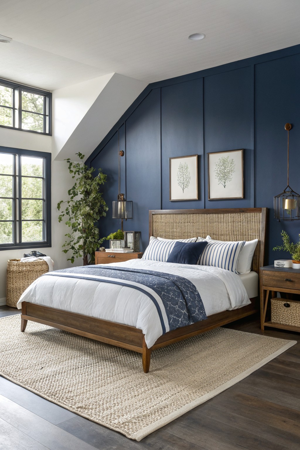 Bedroom with deep navy blue board-and-batten accent wall behind a rattan-trimmed wood bedframe, white bedding with navy stripes, wood nightstands, plants, and beige seagrass rug on hardwood floors