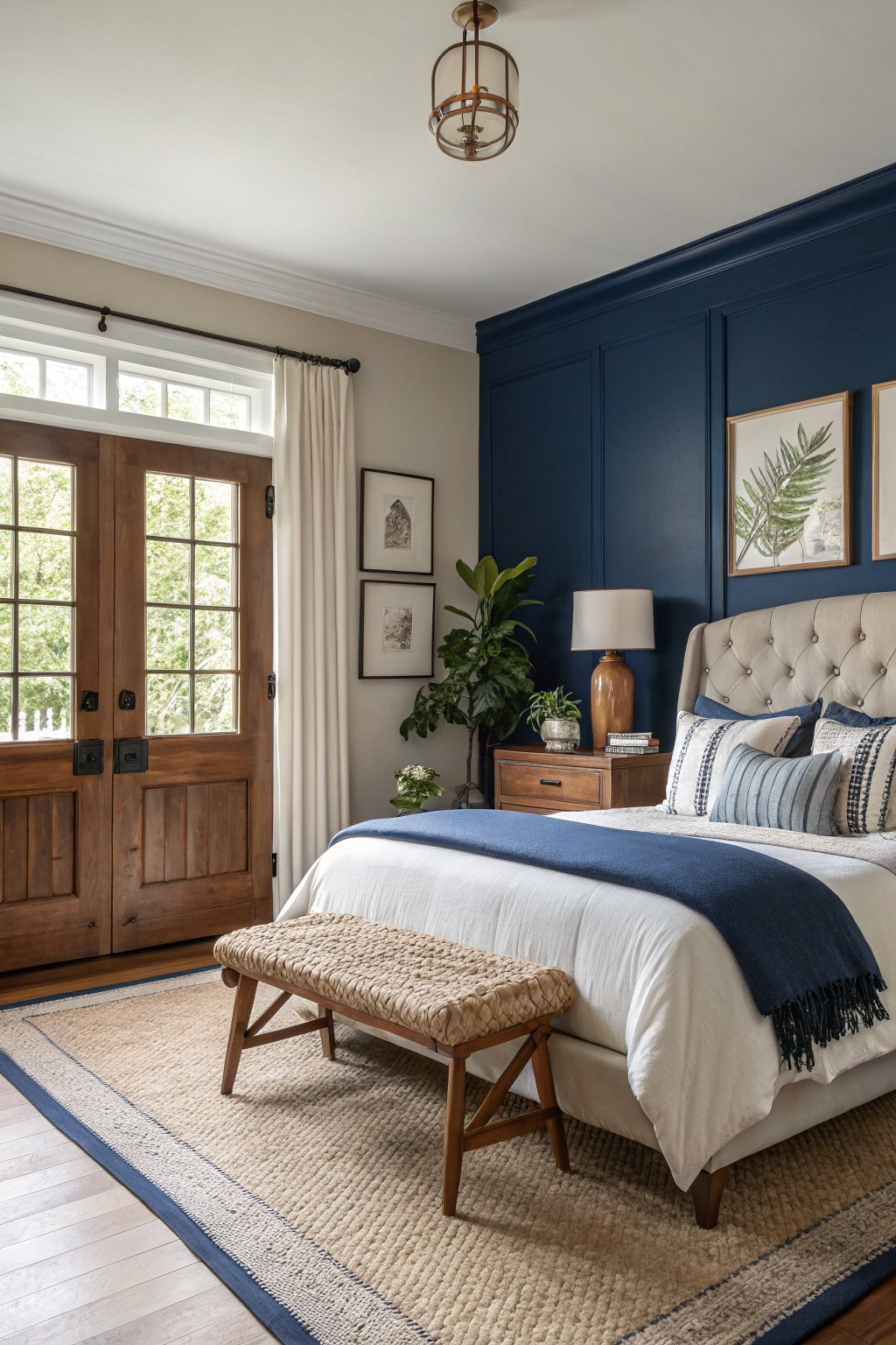 Bedroom featuring deep navy accent wall with board-and-batten detail behind tufted bed, complemented by wood French doors and neutral linens