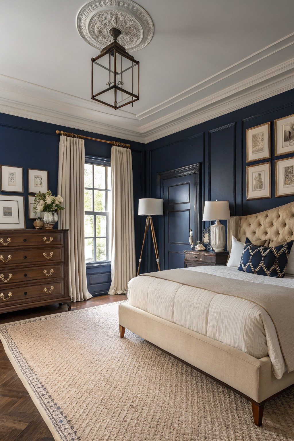 Elegant bedroom with deep navy blue paneled walls, cream upholstered bed, wooden dresser, floor lamps, and sheer curtains framing a window