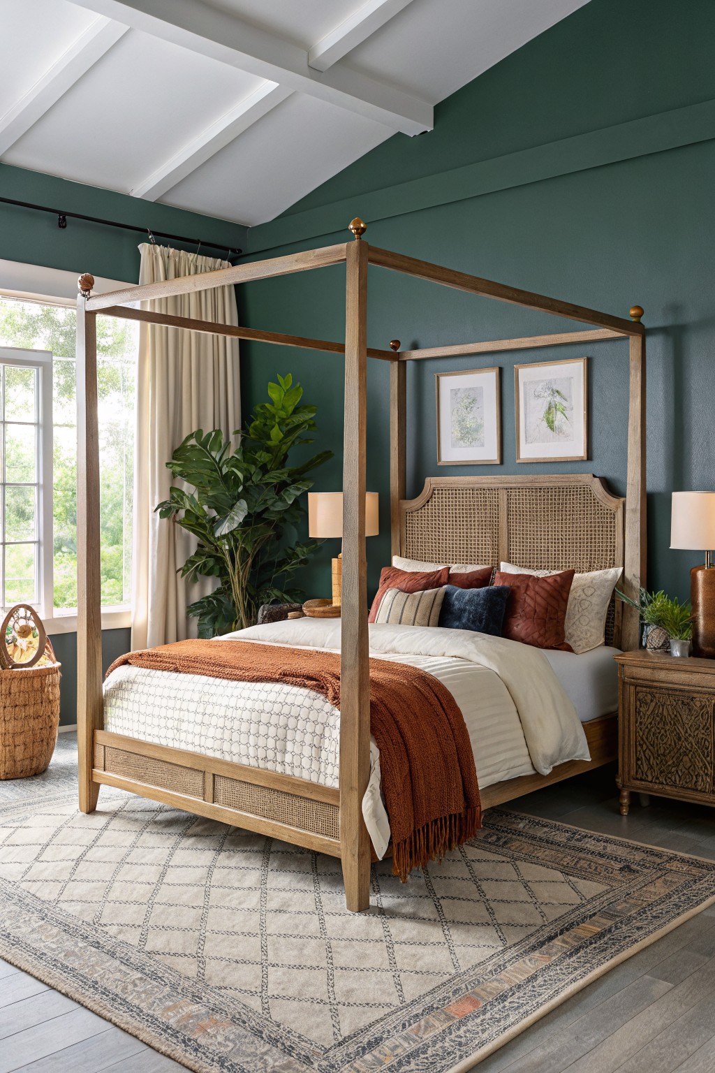 Bedroom with deep navy walls, wooden four-poster bed, orange throw blanket and pillows, potted plants, lamps on wood nightstands, and patterned rug