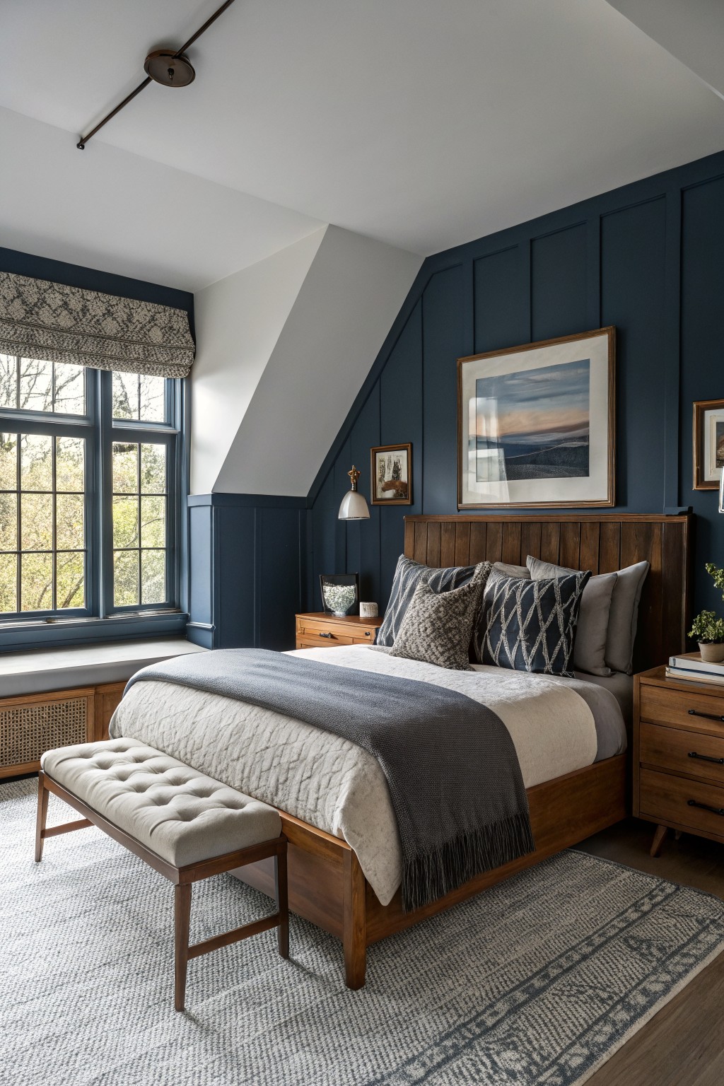 Bedroom featuring deep navy paneled walls, wooden bed frame with gray bedding, large blue-framed windows, and neutral rug