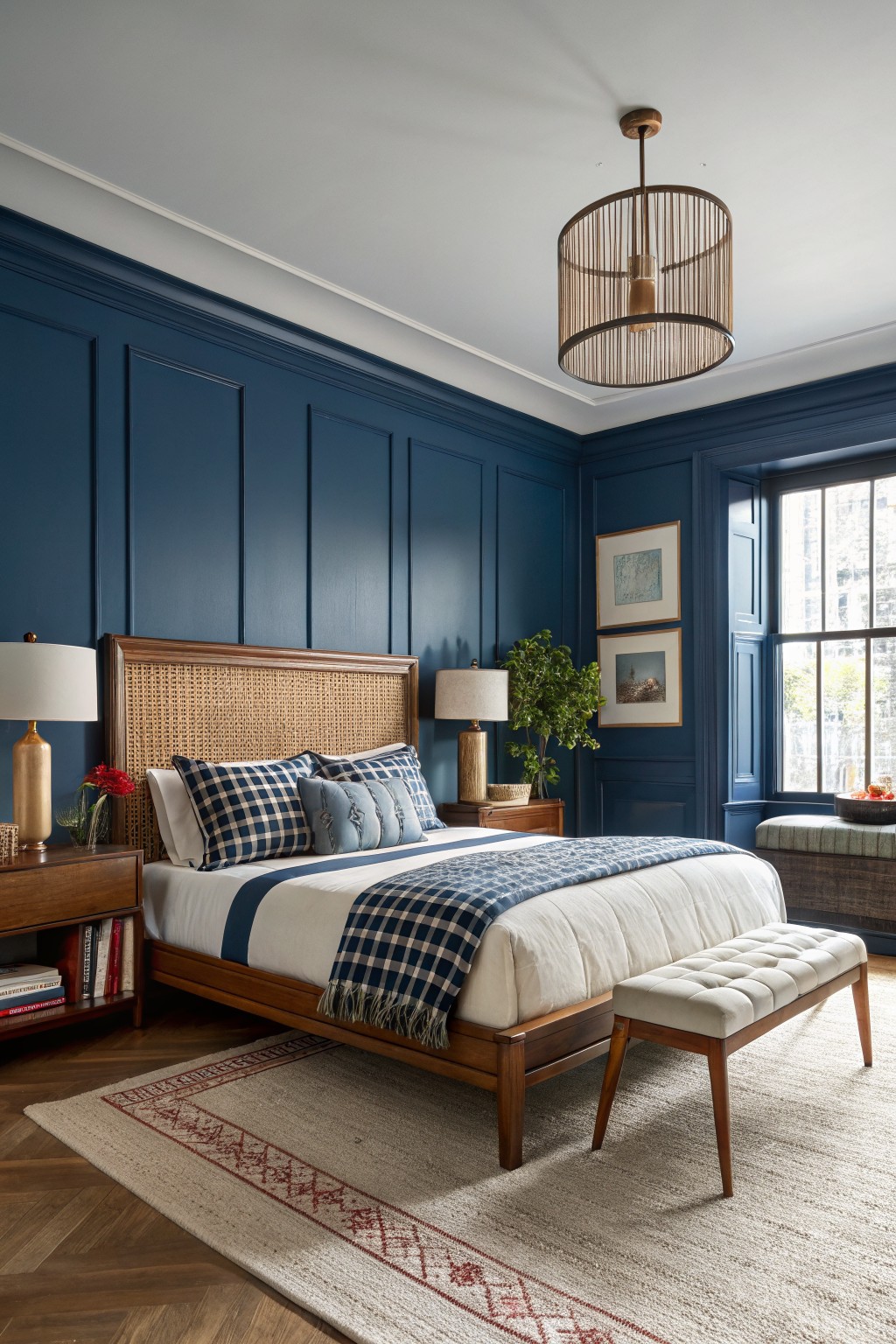 Bedroom with deep navy paneled walls, rattan-and-wood headboard, plaid bedding, and warm wood accents