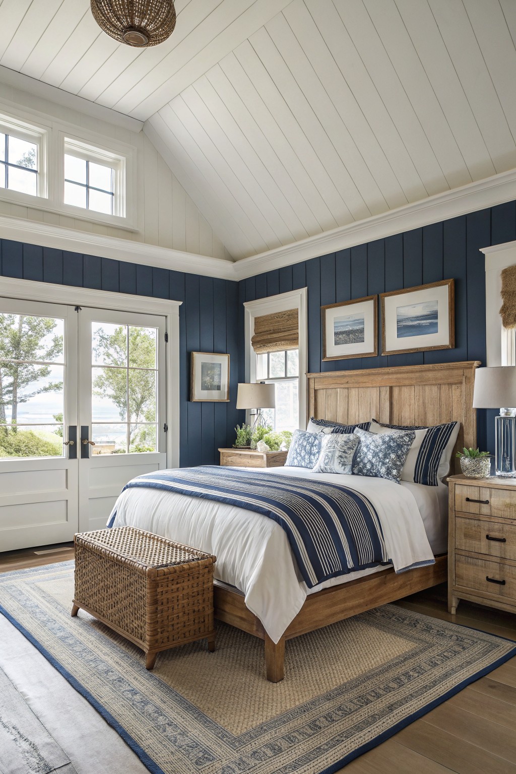 Cozy bedroom with deep navy shiplap walls, wooden bed, white trim, and large windows overlooking trees