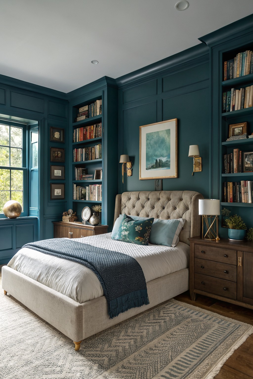 Cozy bedroom featuring deep navy paneled walls lined with bookshelves, a tufted upholstered bed with blue throw, wood nightstand, and woven rug