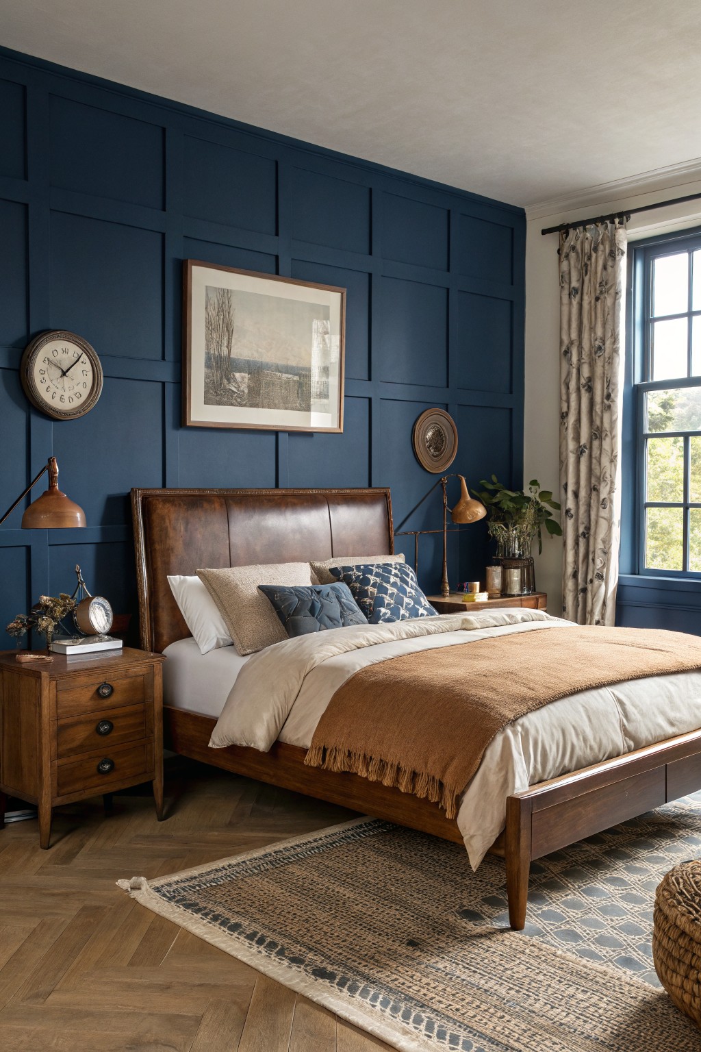 Cozy bedroom featuring a deep navy blue paneled accent wall behind a leather-upholstered wooden bed, with warm wood nightstand, textured bedding in creams and rust, potted plants, and herringbone wood floors.
