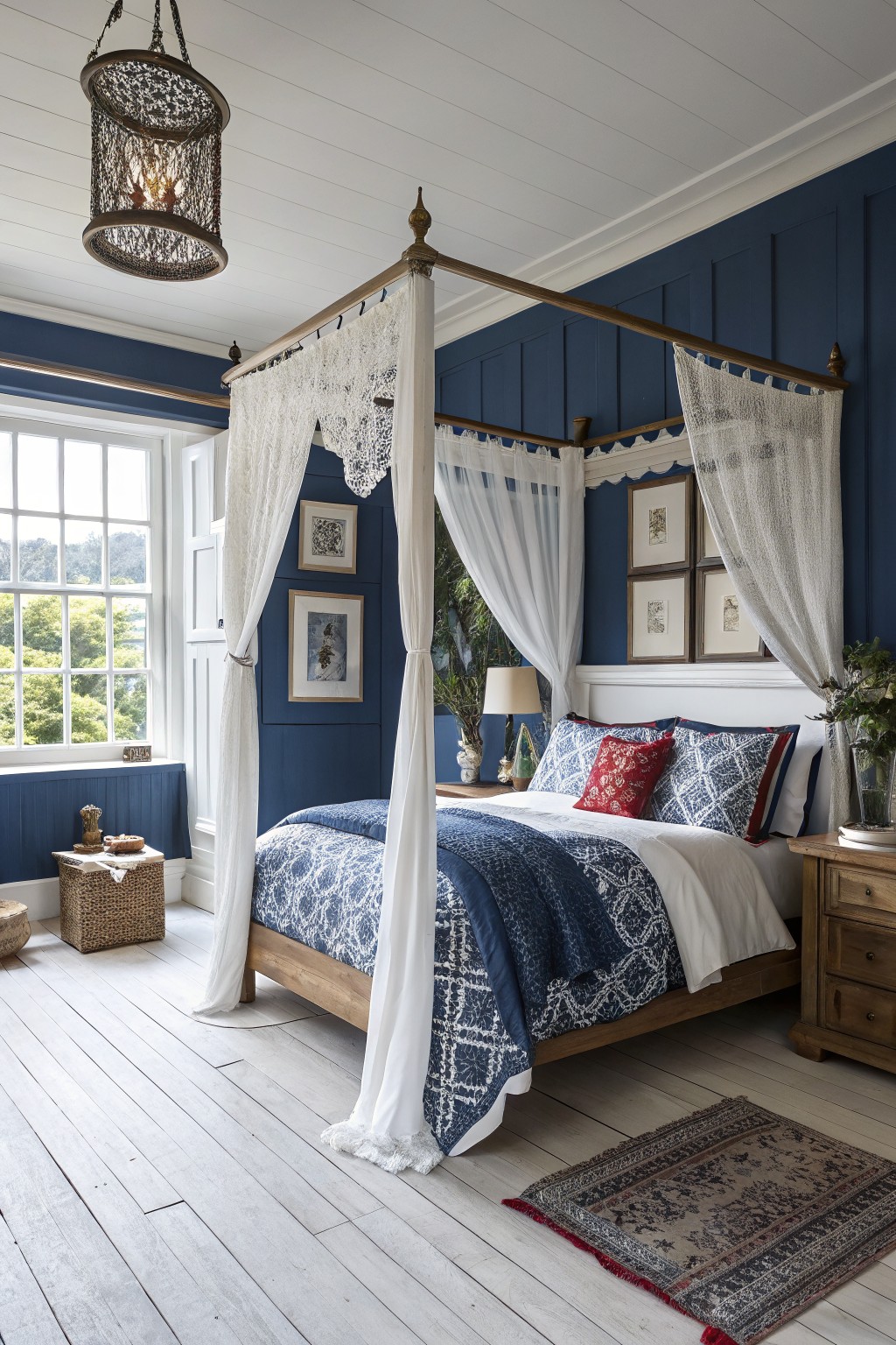 Bedroom with deep navy paneled walls, white lace canopy on wooden four-poster bed, wood floors, and large window overlooking trees
