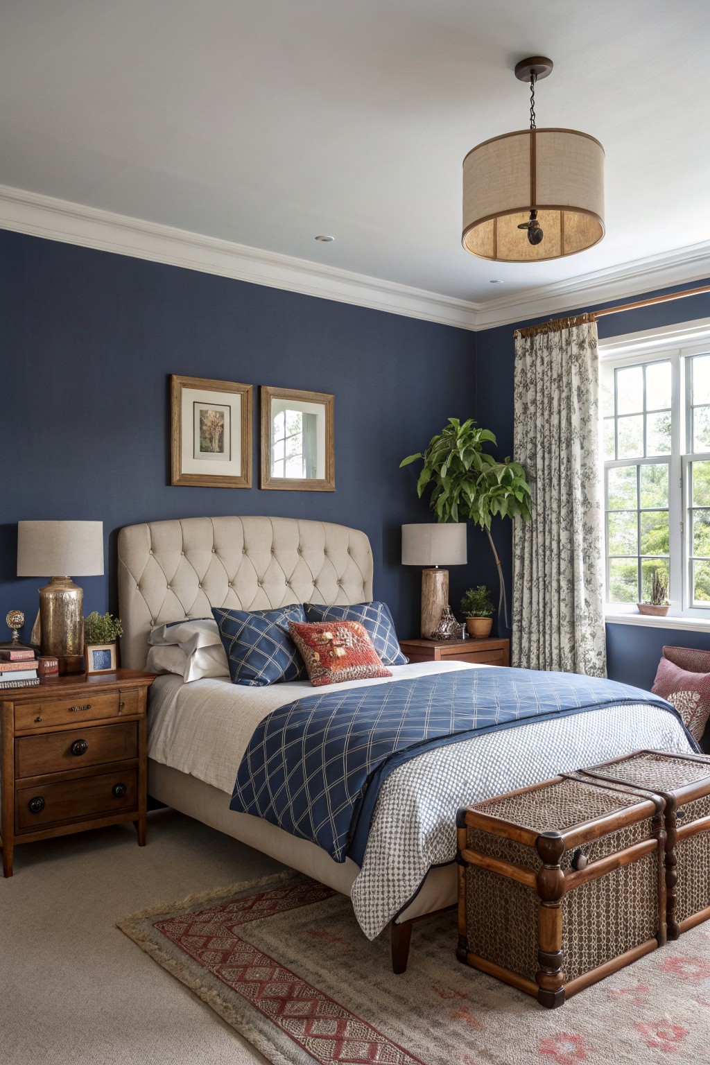 Cozy bedroom featuring deep navy blue walls, cream tufted headboard, wooden nightstands with lamps, blue plaid bedding, and a potted plant near floral-curtain windows