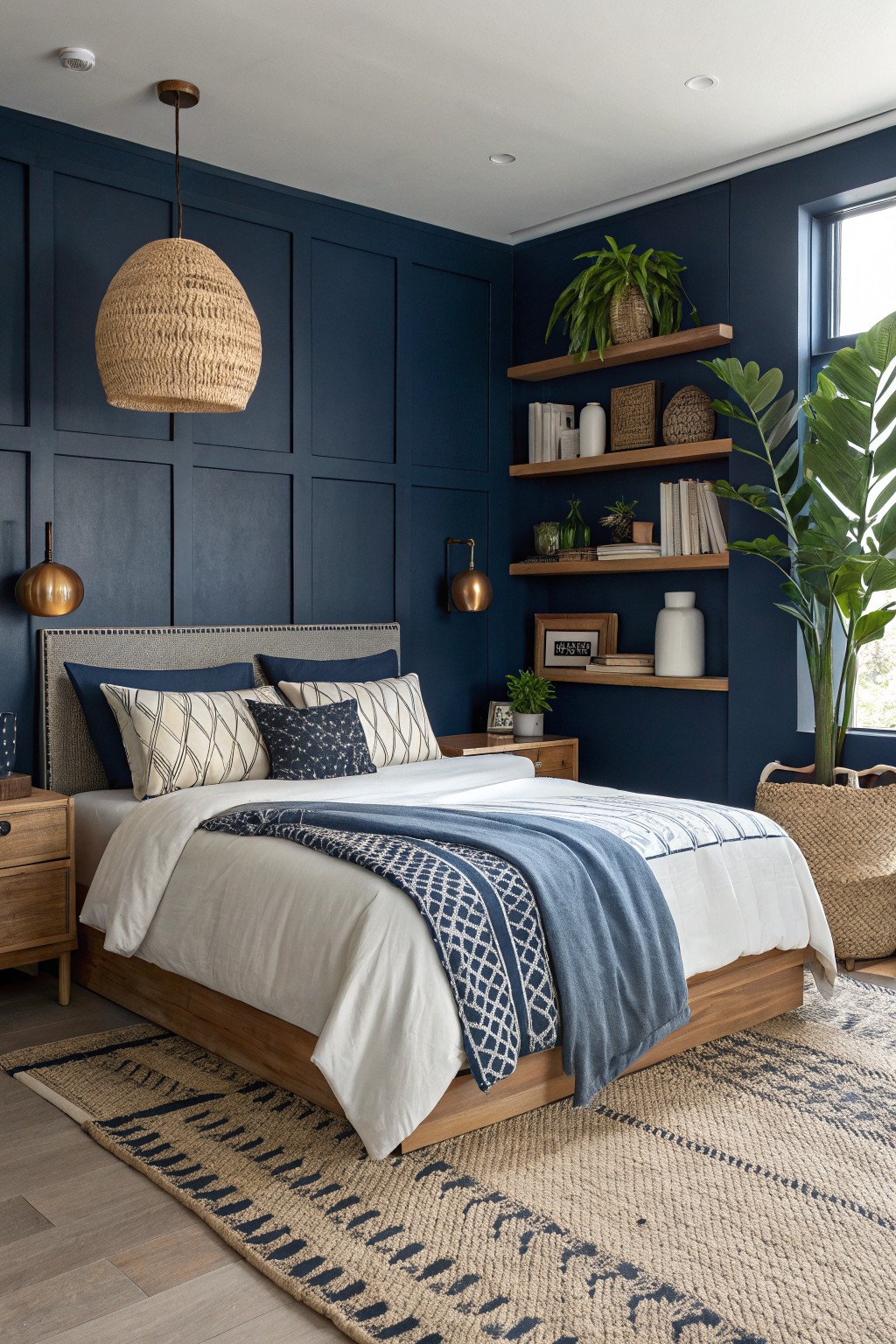 Bedroom with deep navy paneled walls, wooden bedframe and shelves, rattan pendant light, white bedding, and potted plants on oak floating shelves