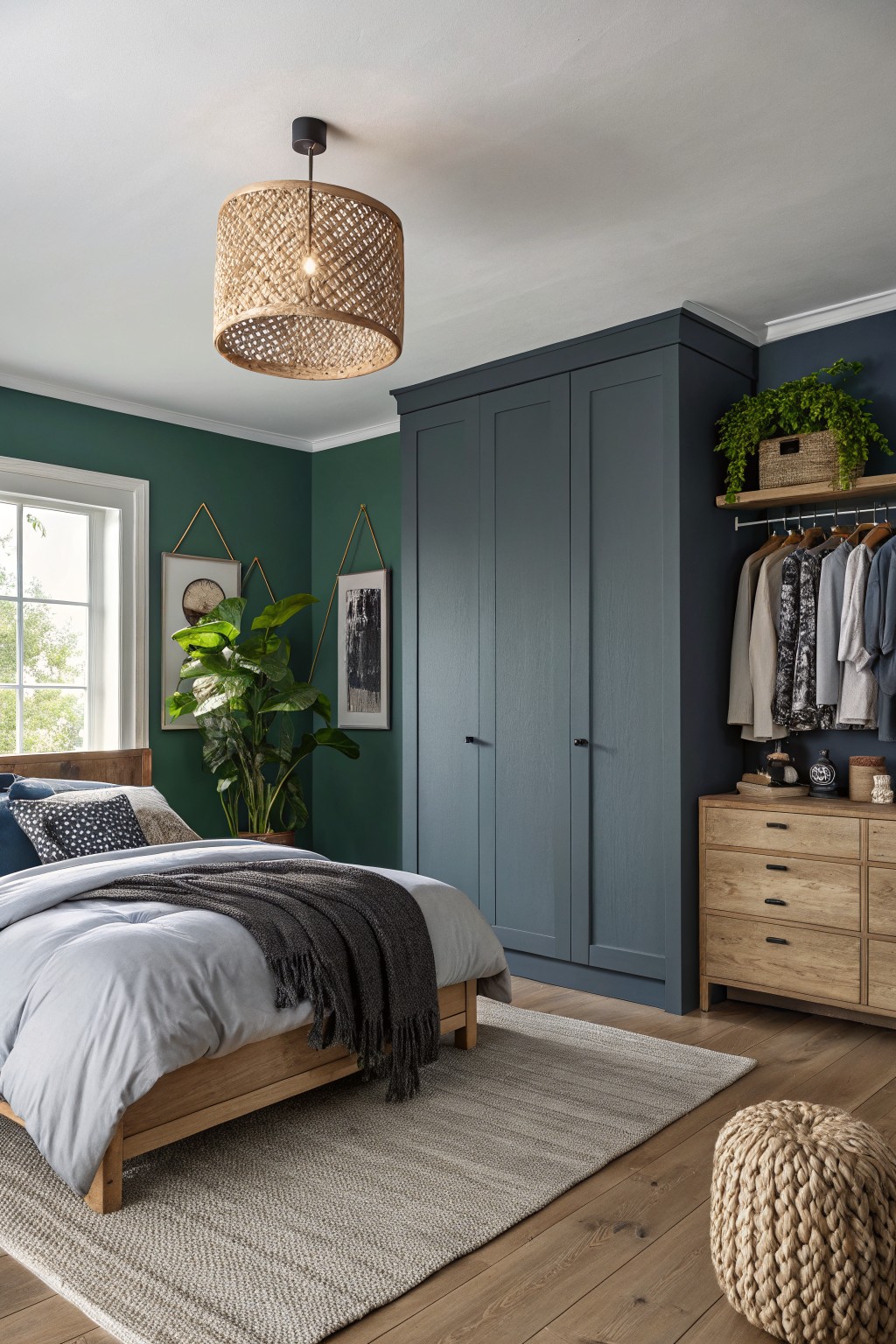 Bedroom featuring deep navy blue painted wardrobe and cabinets against sage green walls, with wooden bed, rattan lamp, plants, and neutral textiles