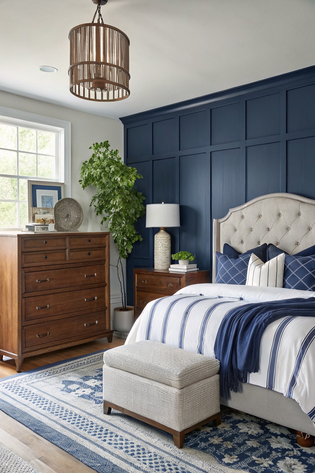 Bedroom with deep navy blue board-and-batten accent wall, cream tufted headboard, wood dressers, potted plant, striped bedding, and blue rug on hardwood floor