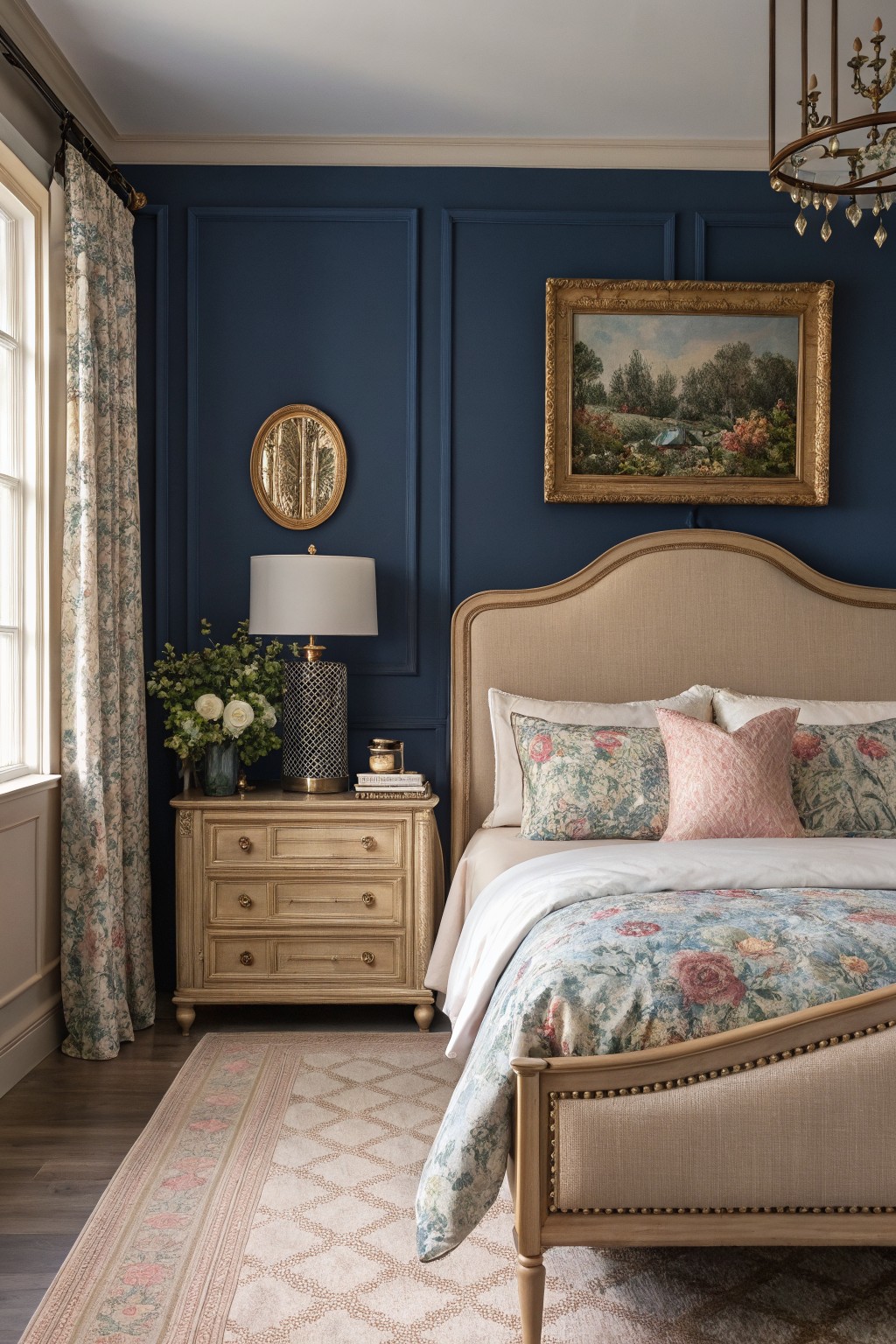 Bedroom with deep navy blue paneled walls, beige tufted bed, floral bedding in pinks and blues, wood nightstand, gold lamp, and chandelier