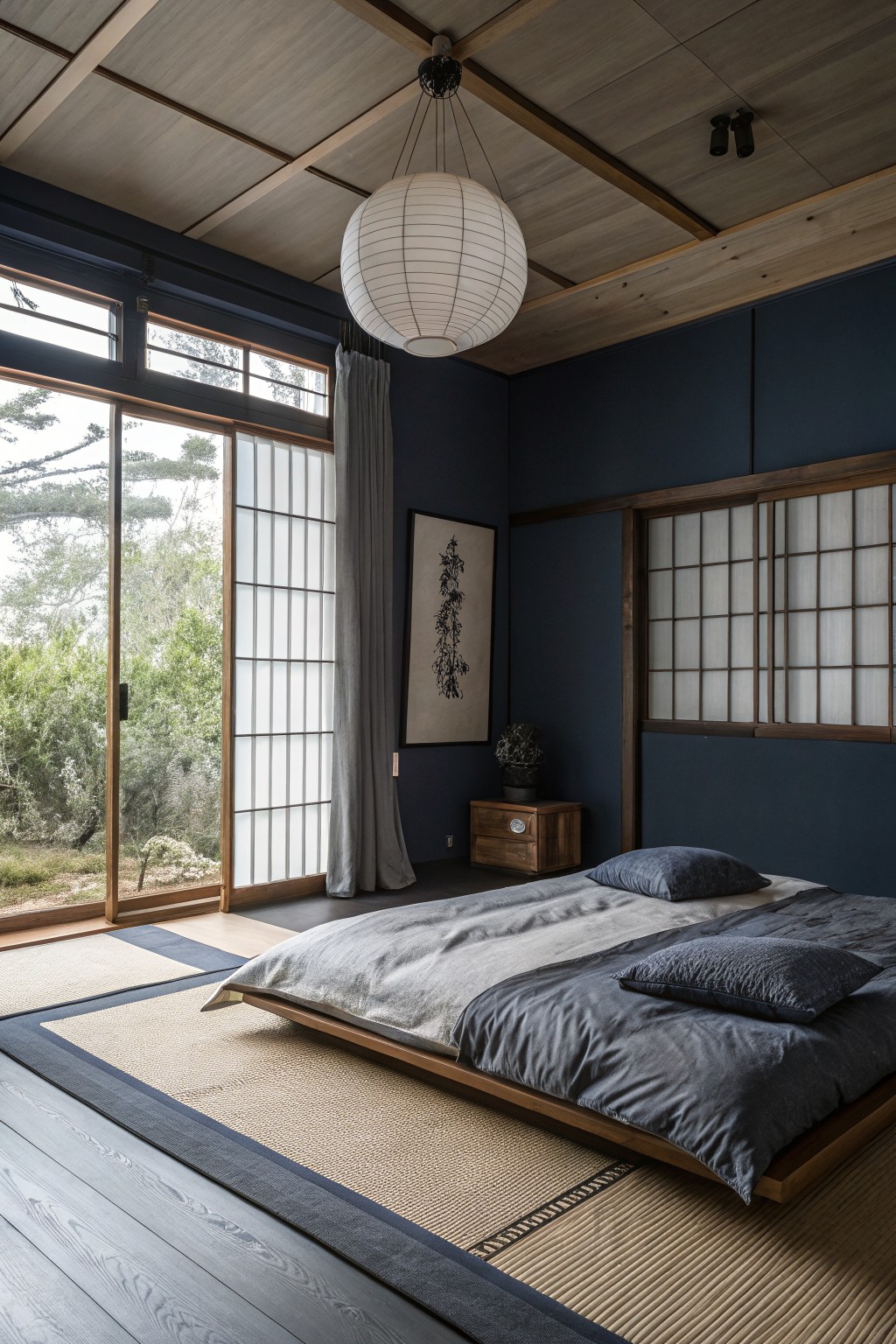 Bedroom with deep navy walls, platform bed on tatami mat, shoji screens, and hanging paper lantern against wood ceiling and garden view