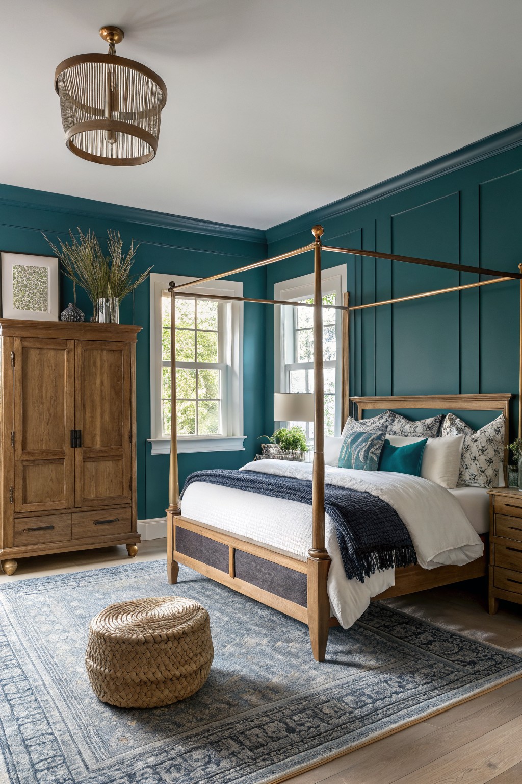 Bedroom featuring deep teal navy paneled walls, a wood four-poster bed with white linens and blue throw, oak armoire, and woven ottoman on a blue rug