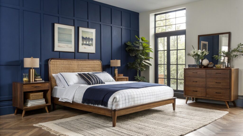 Bedroom with deep navy blue board-and-batten accent wall behind a rattan-trimmed wood bedframe, white bedding with navy stripes, wood nightstands, plants, and beige seagrass rug on hardwood floors
