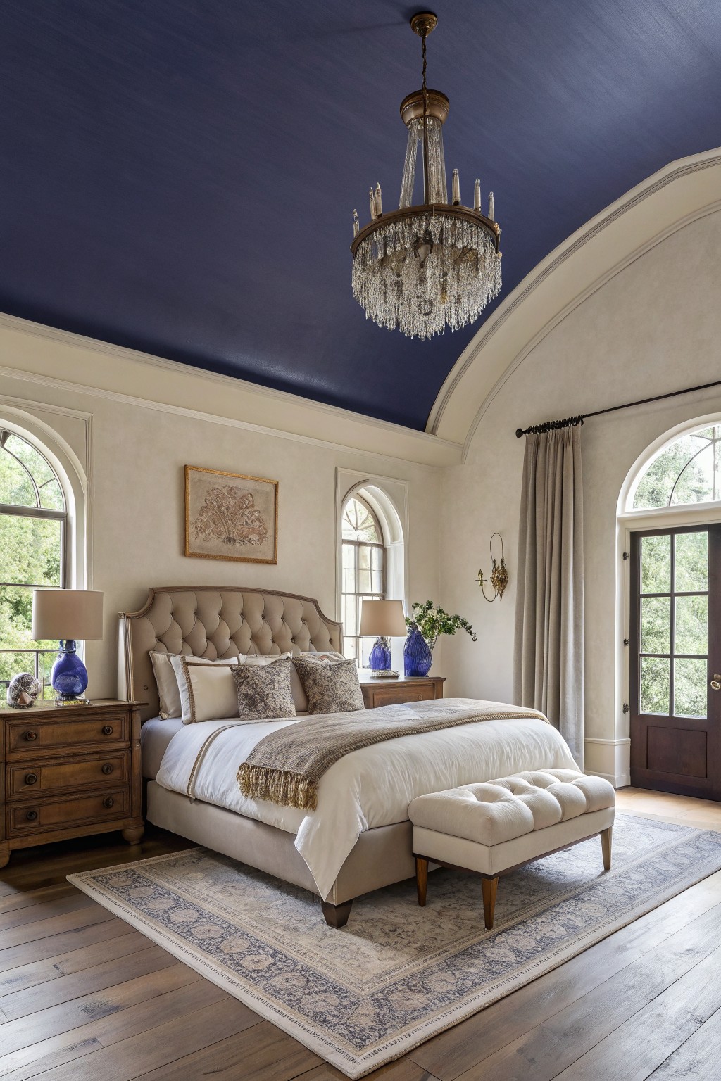 Elegant bedroom featuring a deep navy blue painted ceiling, crystal chandelier, tufted beige bed, wood nightstand with blue lamp, and arched windows with cream walls