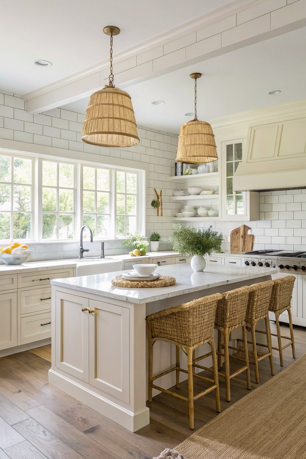 Bright kitchen with creamy white shaker cabinets, white subway tile backsplash, rattan pendant lights over island with woven barstools, wood floors and open shelves