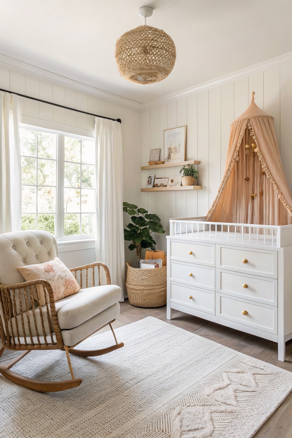 Nursery with creamy white shiplap walls, peach canopy crib, rattan rocking chair, woven basket storage, and plants on floating shelves