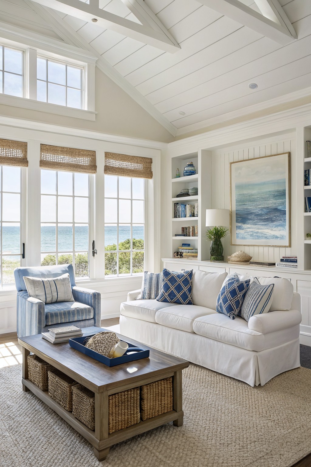 Sunlit sunroom with creamy white walls, white sofa with blue pillows, wood coffee table, and ocean view through large windows