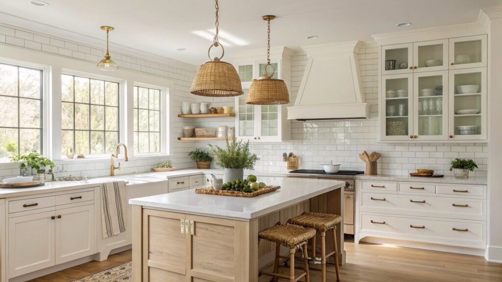 Bright kitchen with creamy white shaker cabinets, white subway tile backsplash, rattan pendant lights over island with woven barstools, wood floors and open shelves