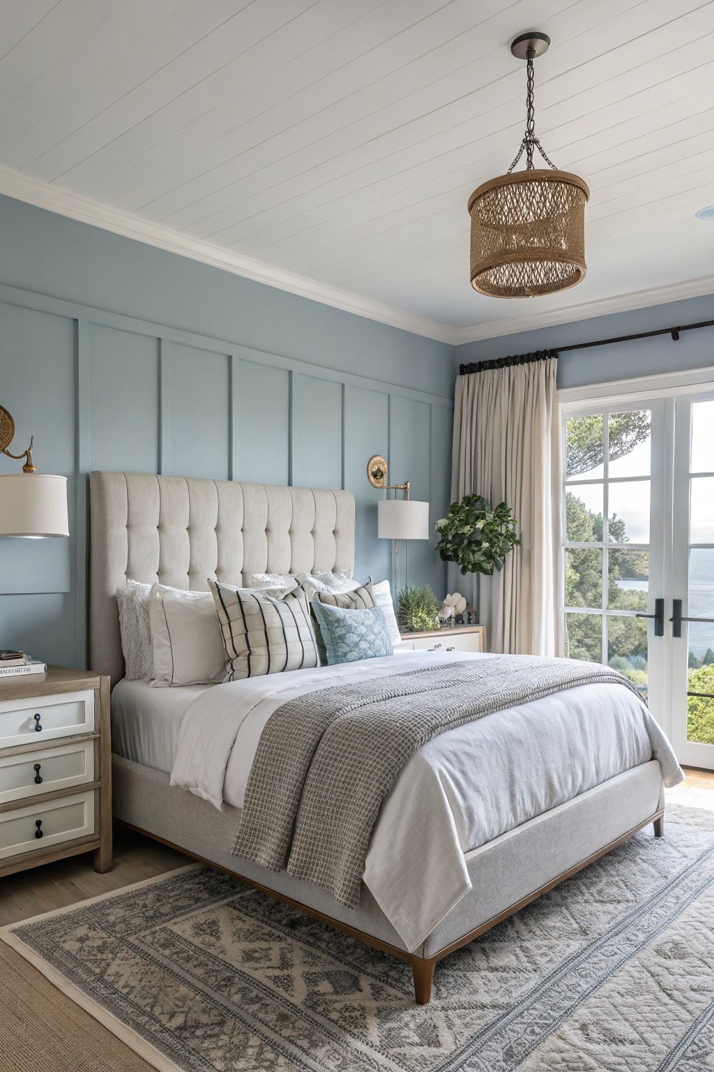 Bedroom featuring pale blue board-and-batten walls, tufted upholstered bed with layered pillows, wood nightstands, and French doors opening to ocean view