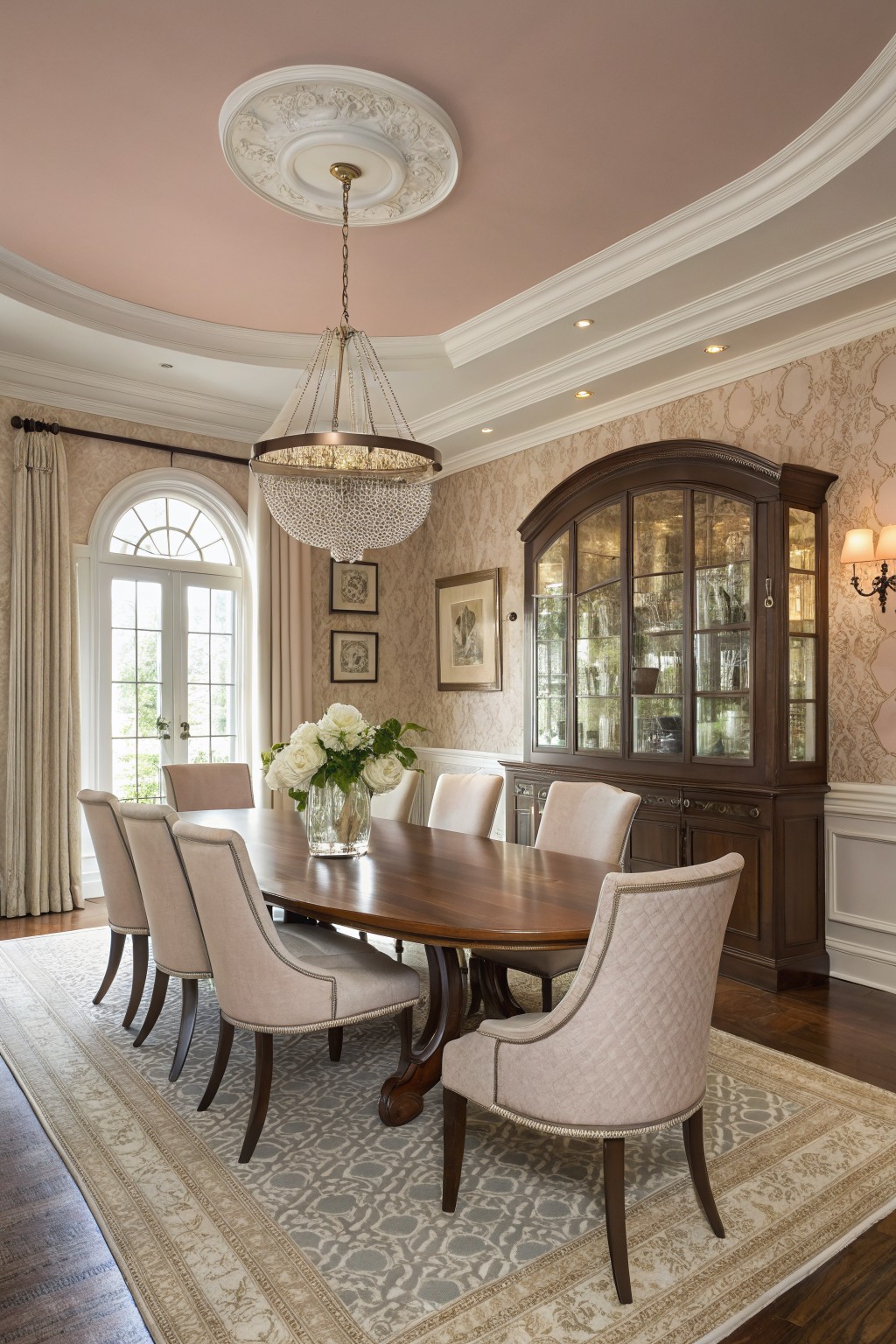 Elegant dining room with pale blush pink curved ceiling, sparkling chandelier, oval wood table centered with white peonies, beige upholstered chairs, and arched wooden armoire on neutral wallpaper