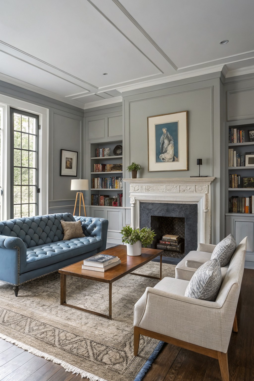 Light gray paneled living room with blue tufted sofa, marble fireplace, bookshelves, and large windows