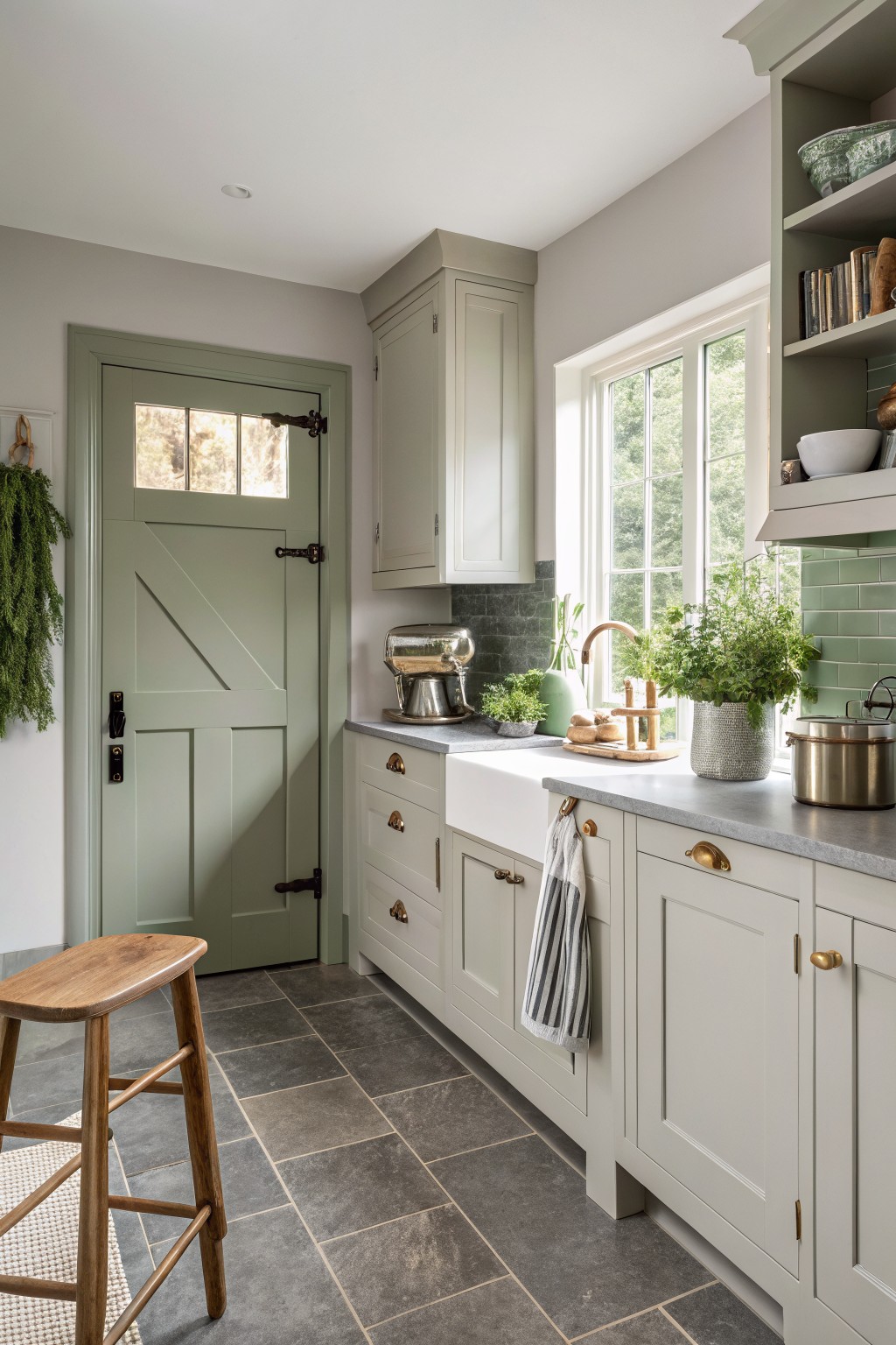Cozy kitchen featuring pale sage green cabinets, white farmhouse sink, and wood stool against dark tile floor