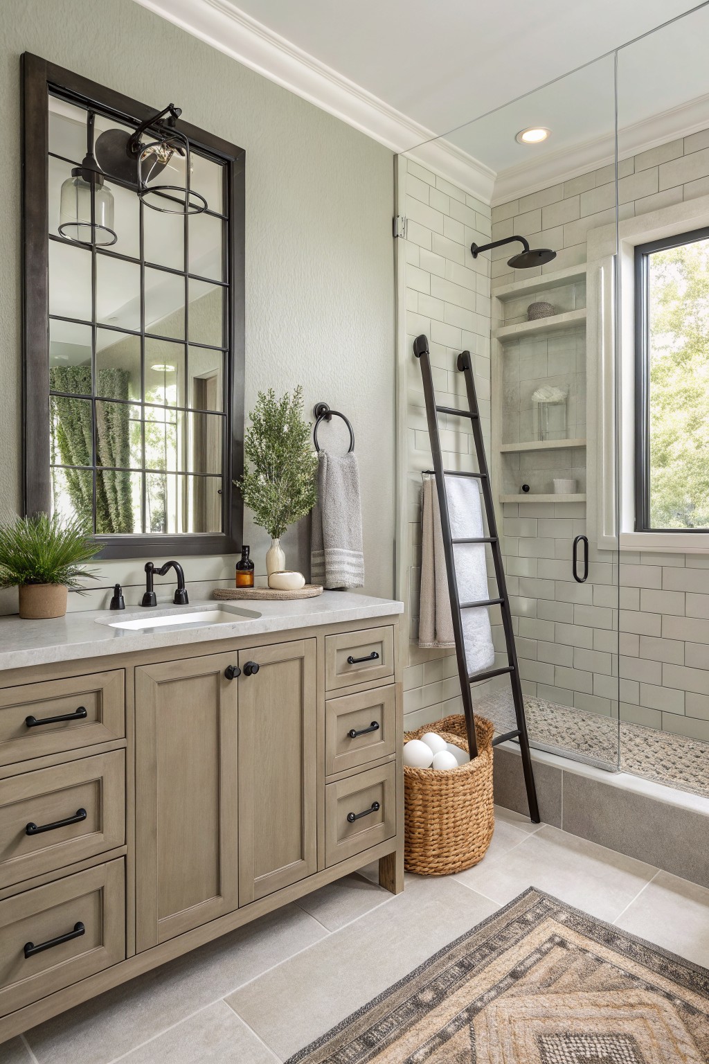 Cozy bathroom featuring pale sage green walls, shaker-style wood vanity with black hardware, black metal ladder towel rack, subway tile shower, and potted plants on a quartz countertop