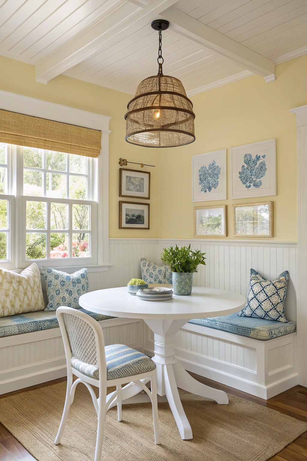 Breakfast nook with pale yellow walls, white beadboard wainscoting, rattan pendant light, and blue banquette seating around a round white table